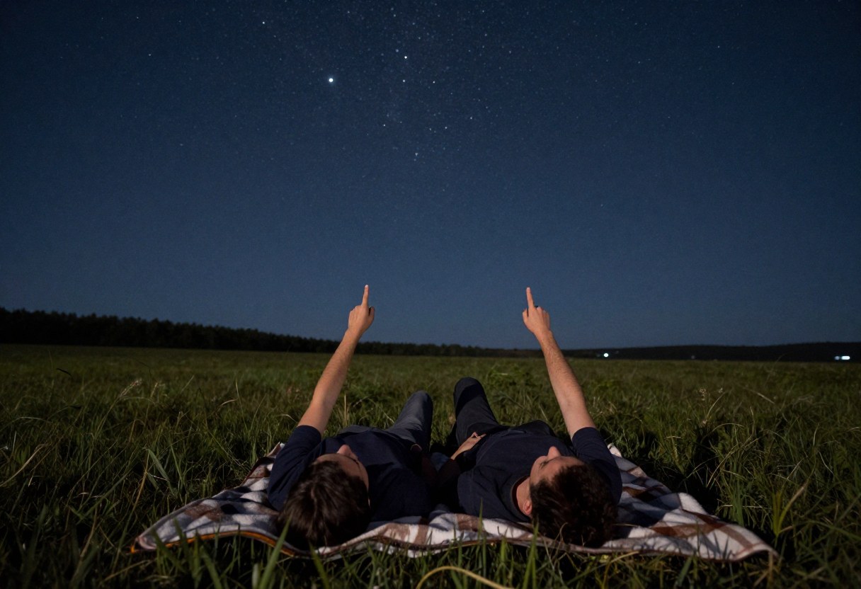 Two people lying on a blanket in an open field at night pointing up at a sky full of stars