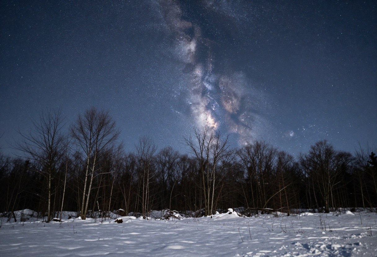 A crisp winter night sky packed with stars above bare trees and a snow-covered field