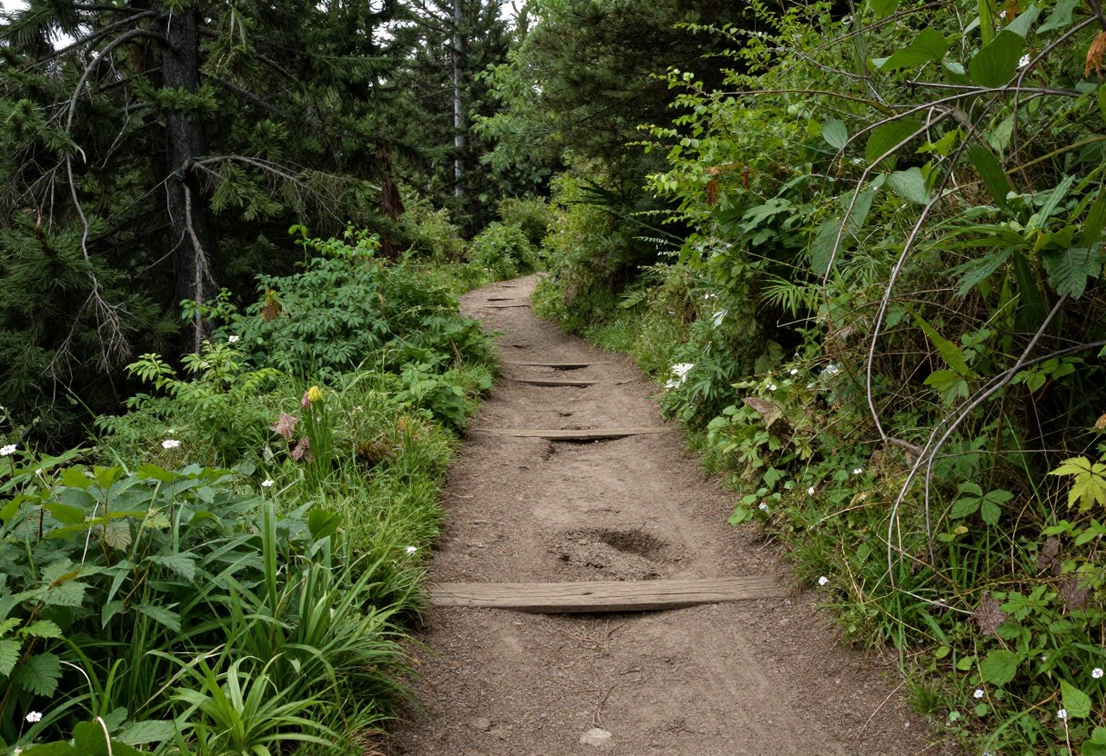 A well-worn established hiking trail winding through pristine wilderness