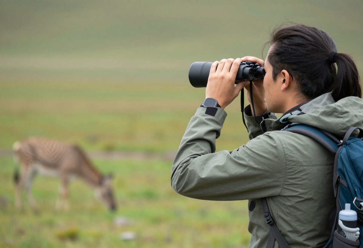 A hiker observing wildlife from a respectful distance through binoculars
