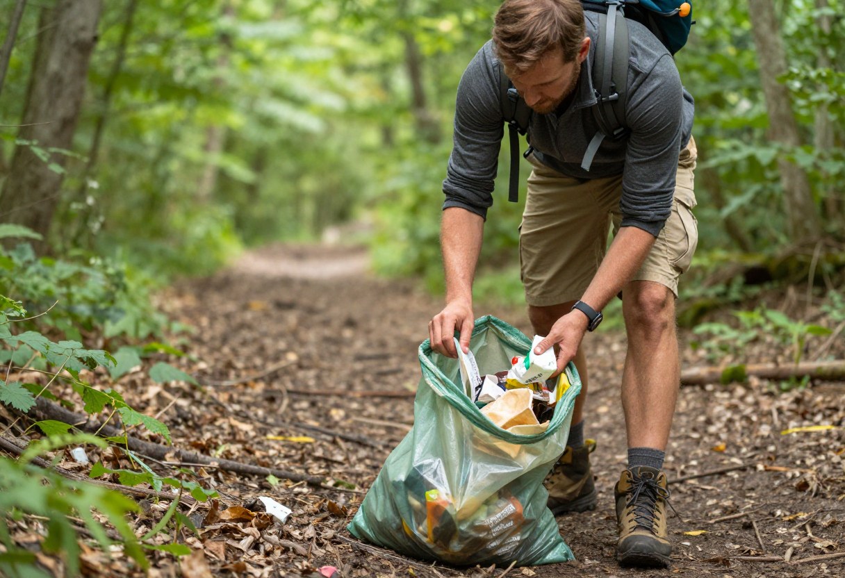 A hiker picking up litter and packing trash into a bag on a forest trail
