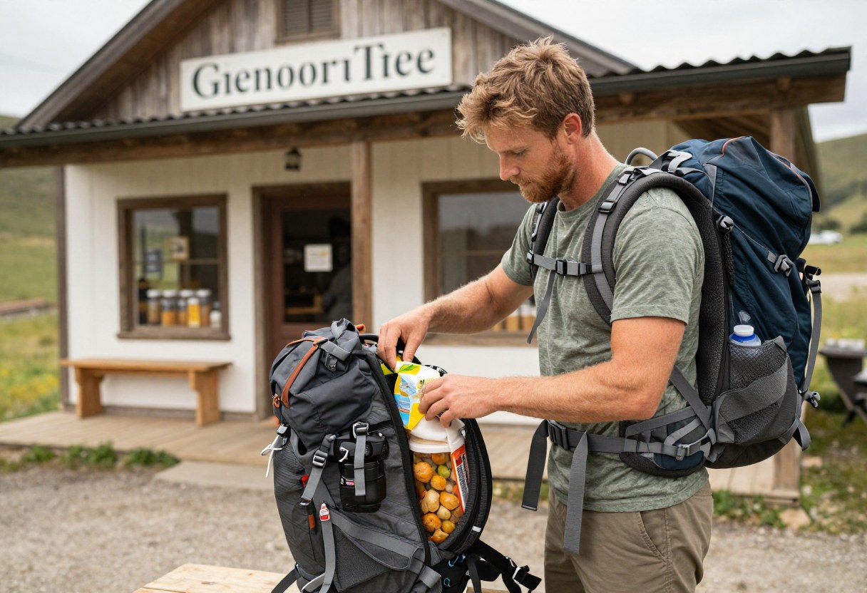 A backpacker sorting food into a backpack at a small trail town resupply point