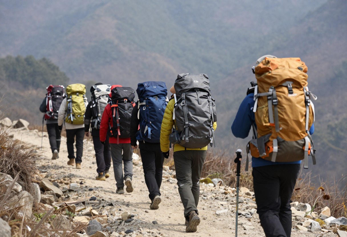 A line of backpackers hiking a scenic mountain trail with full multi-day backpacking packs