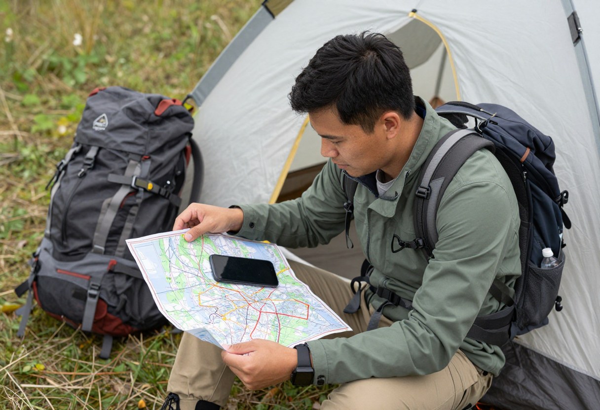 A hiker spreading out a paper map and using a phone to plan a route beside a tent