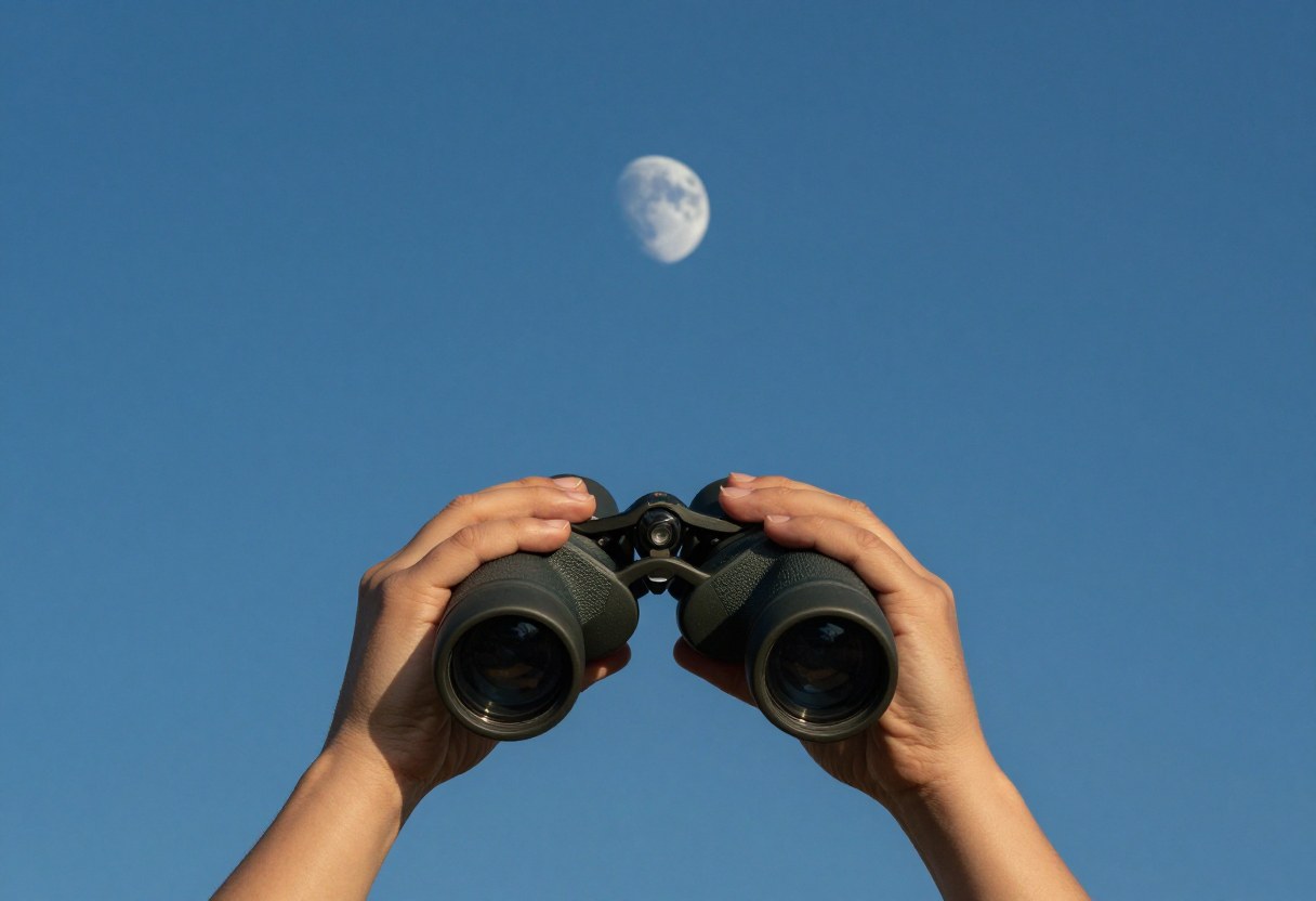 A pair of binoculars held up toward a bright crescent moon in a clear blue-dark twilight sky