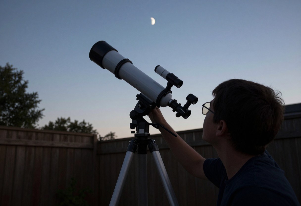 A person looking through a small telescope on a tripod in a backyard at twilight with a crescent moon in the sky