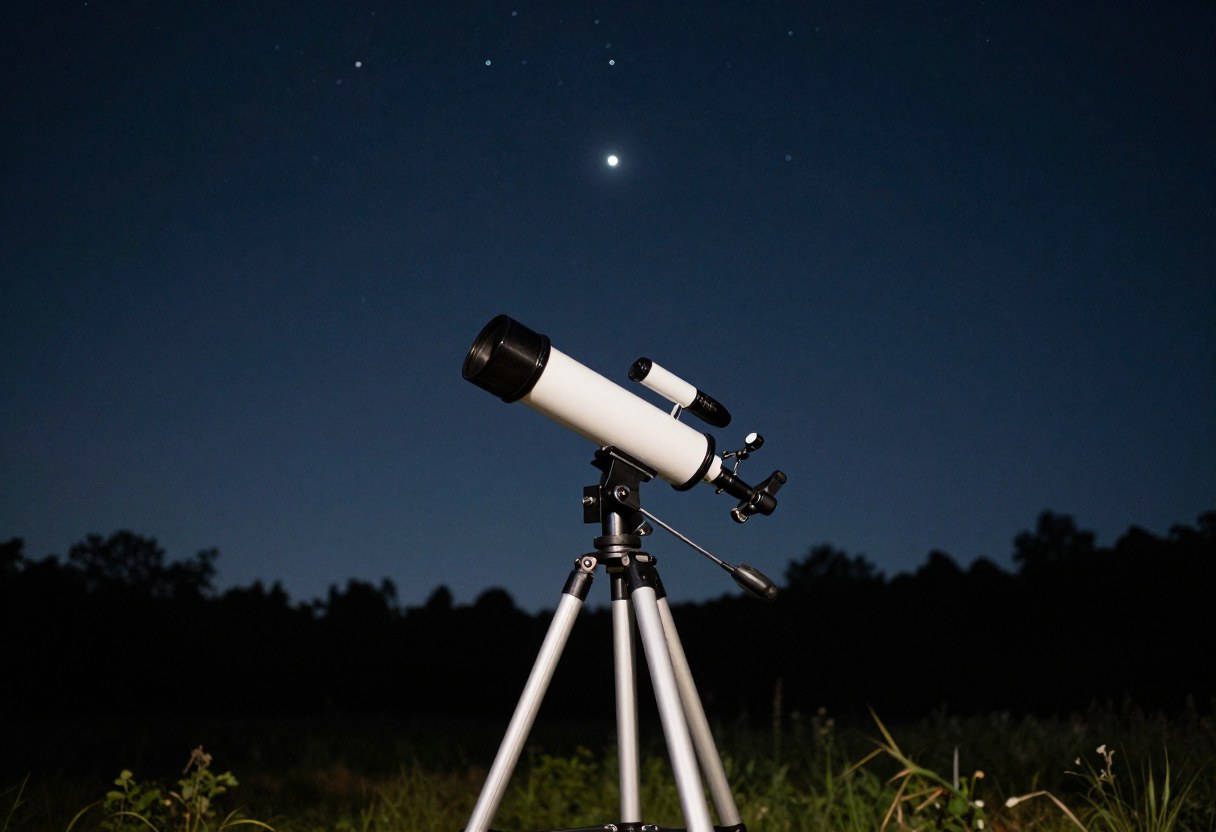 A small refractor telescope on a tripod pointed at a bright planet in a dark backyard sky at night