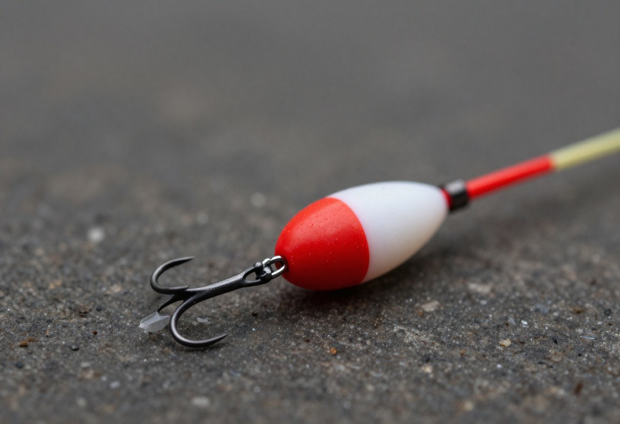 Close-up of a small red and white bobber and jig fishing rig