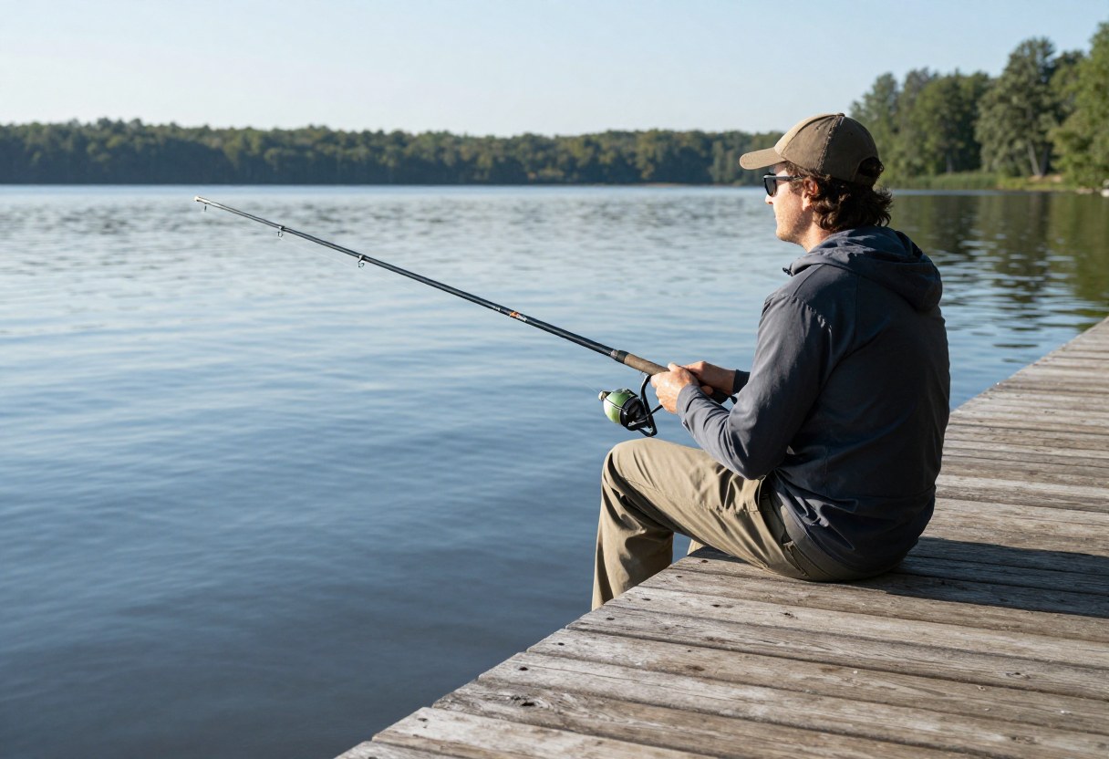 An angler fishing with a bobber rod near a wooden dock on a calm lake