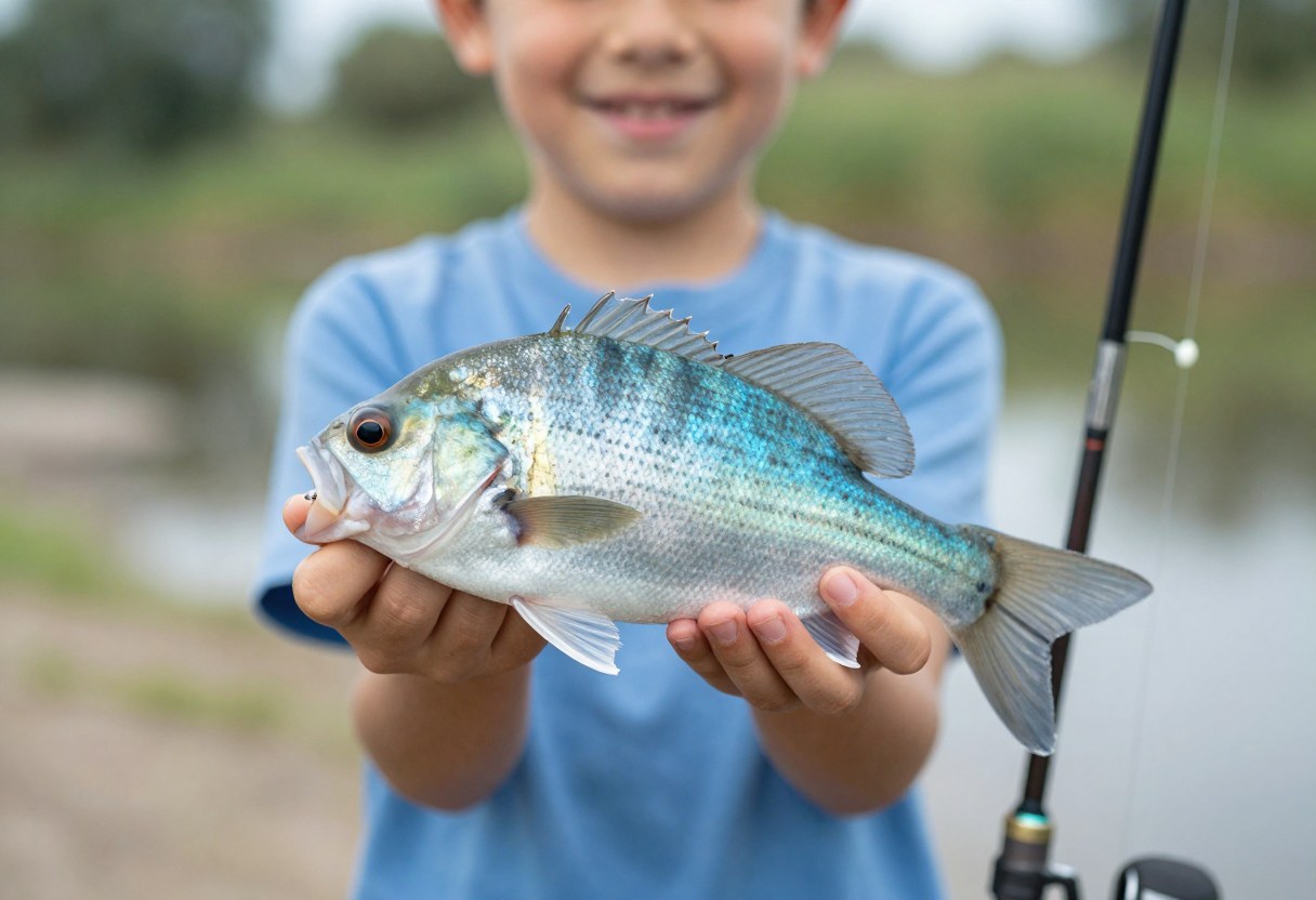 A child holding a small bluegill panfish and smiling, a bobber fishing rod nearby