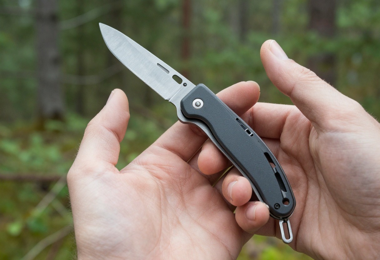 A hand holding an open folding pocket knife outdoors with a forest background