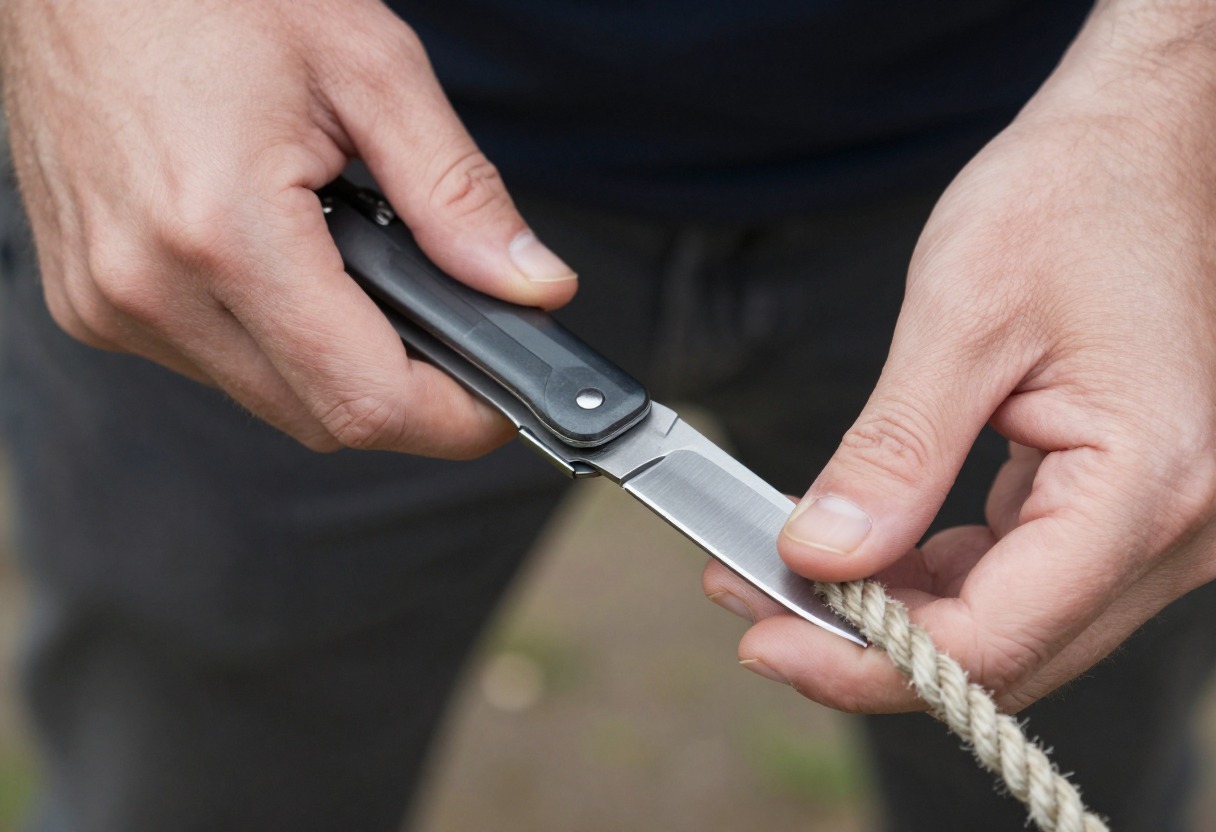 Hands using a folding pocket knife to cut a length of cordage outdoors