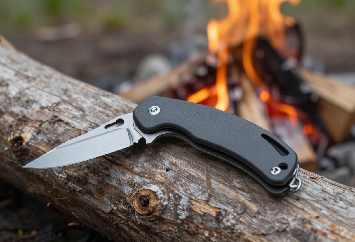 A folding pocket knife resting open on a wooden log near a campsite