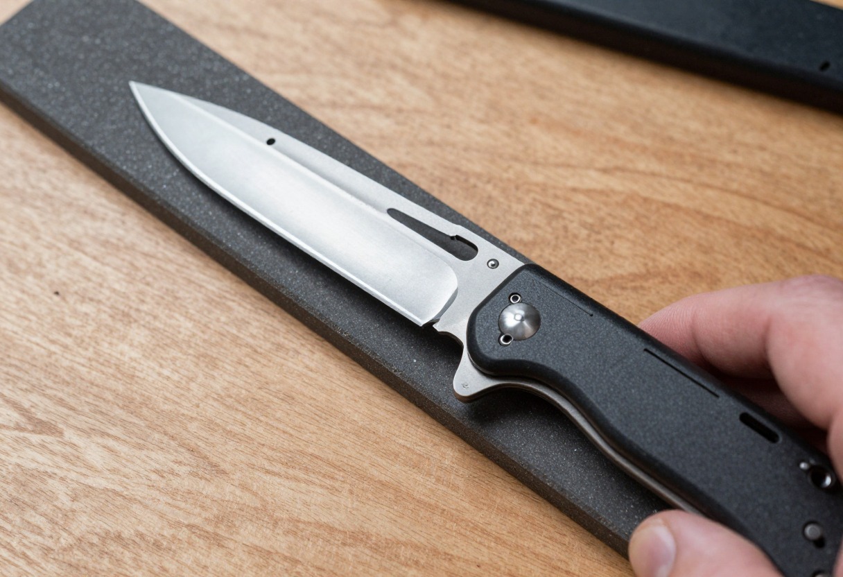 A folding pocket knife laid flat along the length of a whetstone during sharpening