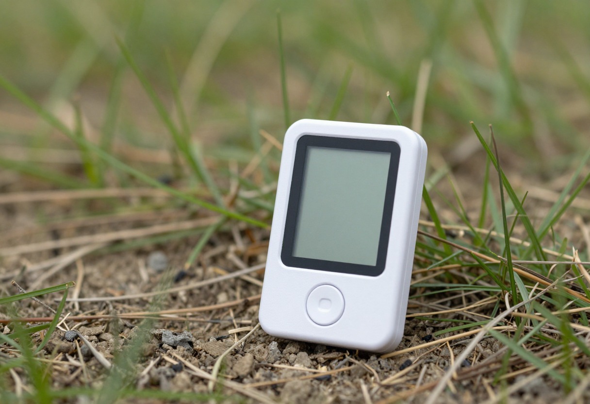 A small electronic predator call device sitting on the ground at the edge of a field
