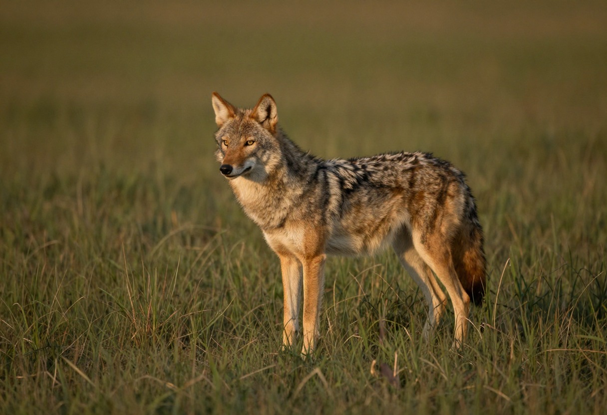 A coyote standing at a distance in an open field at dusk