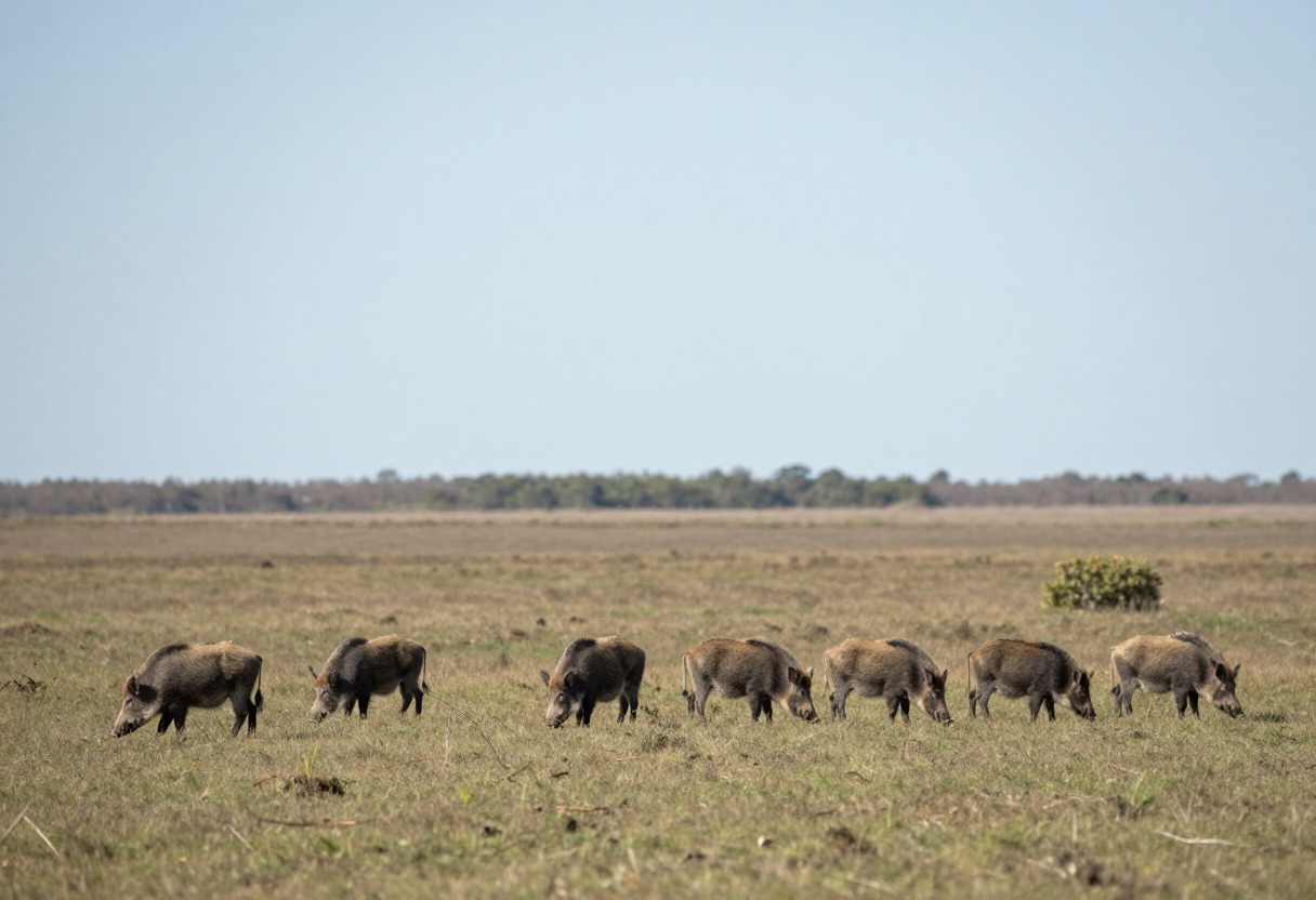 A group of wild hogs in an open field at a distance