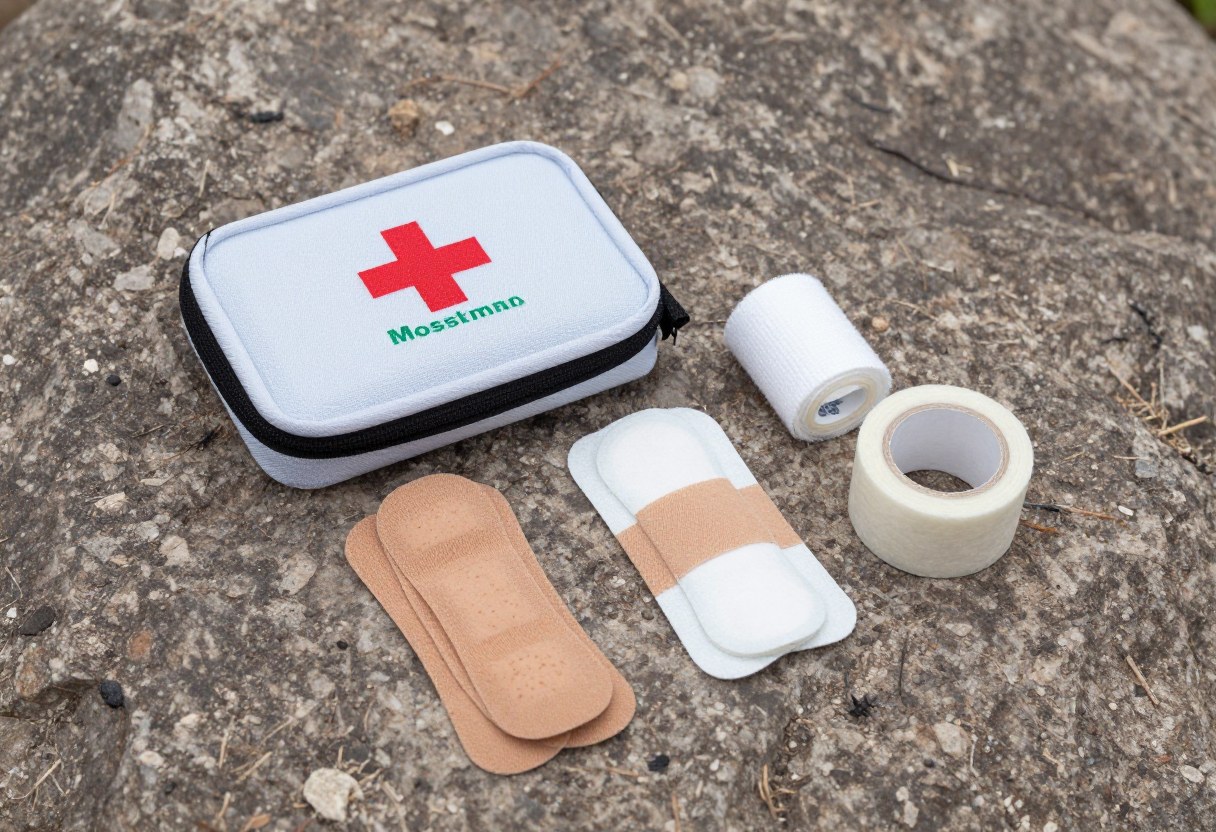 A small trail first aid kit with moleskin, tape, and bandages laid out on a rock