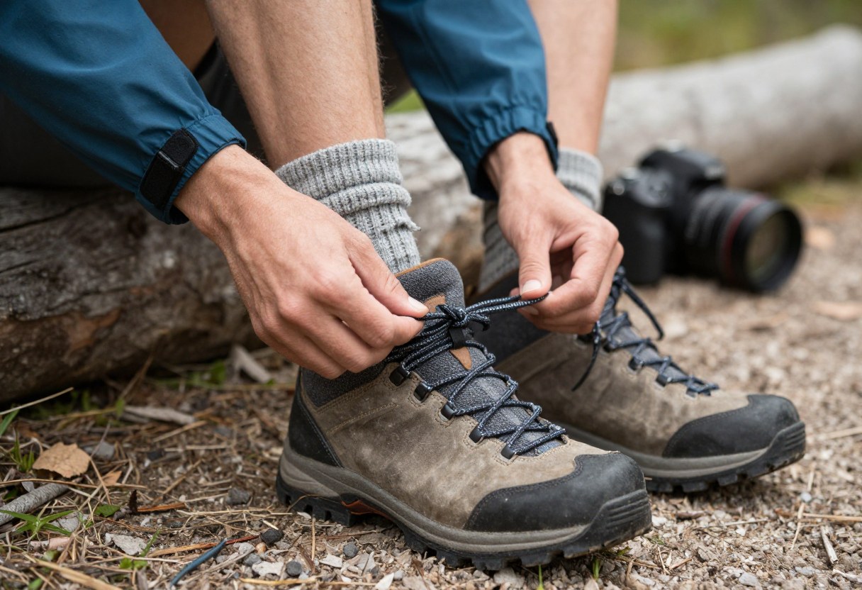 A hiker lacing up a hiking boot, wool hiking socks visible