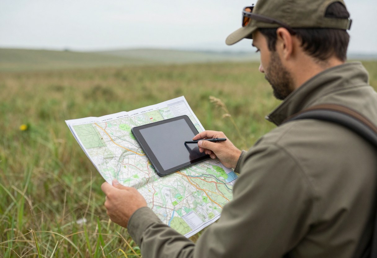 A hunter checking a topographic map on a tablet device outdoors in the field