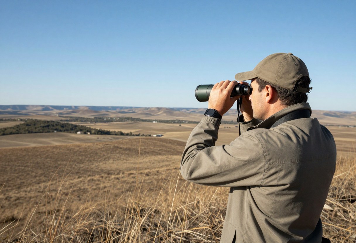 A hunter glassing distant terrain with binoculars from a high ridge overlooking public land