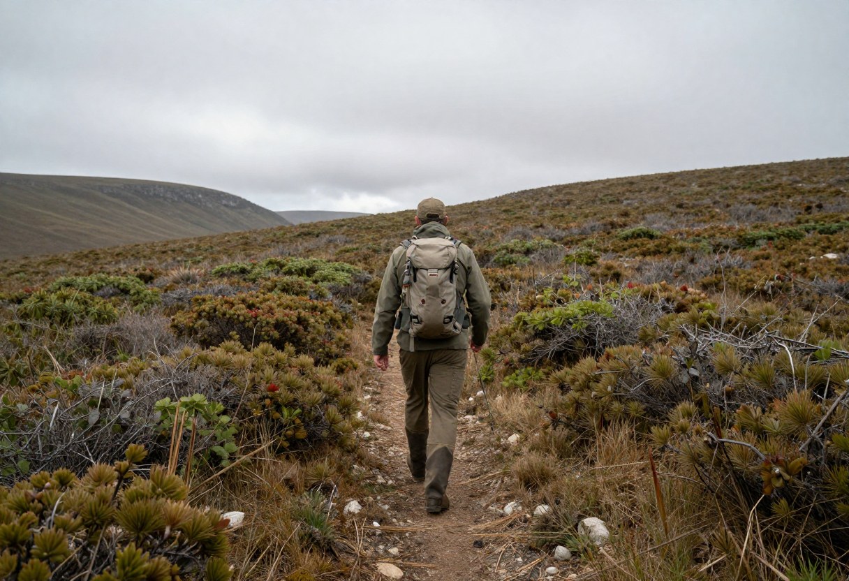 A hunter hiking deep into remote backcountry terrain far from any trail