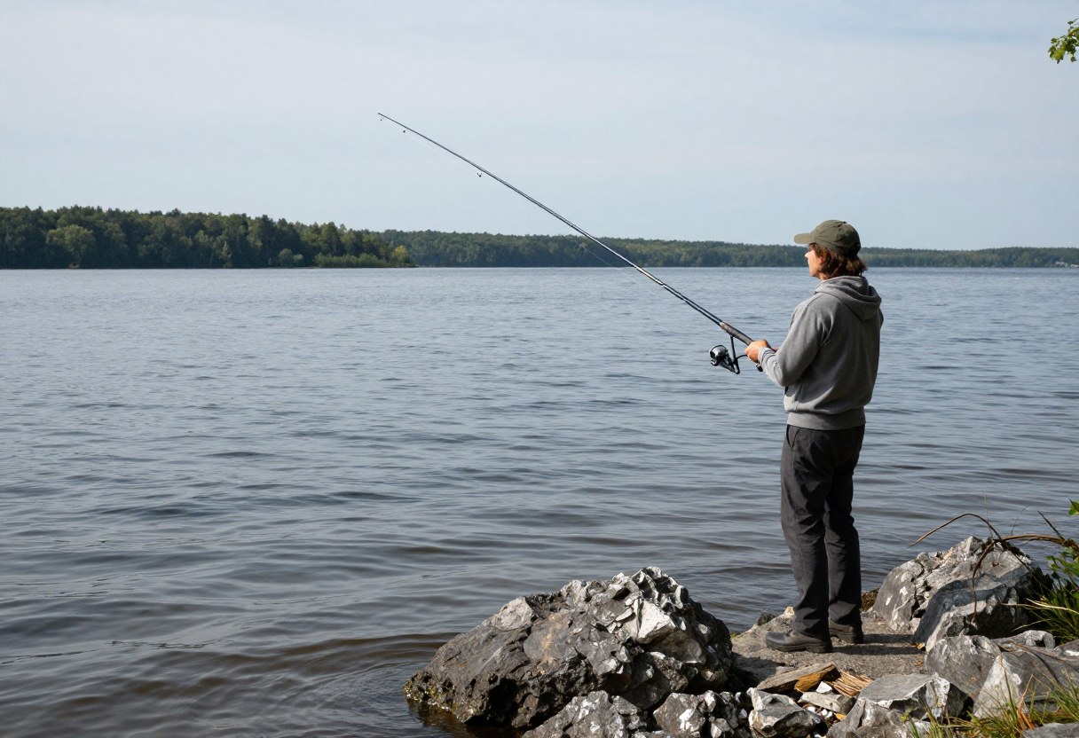 An angler casting a fishing rod toward a rocky point and drop-off on a lake shoreline