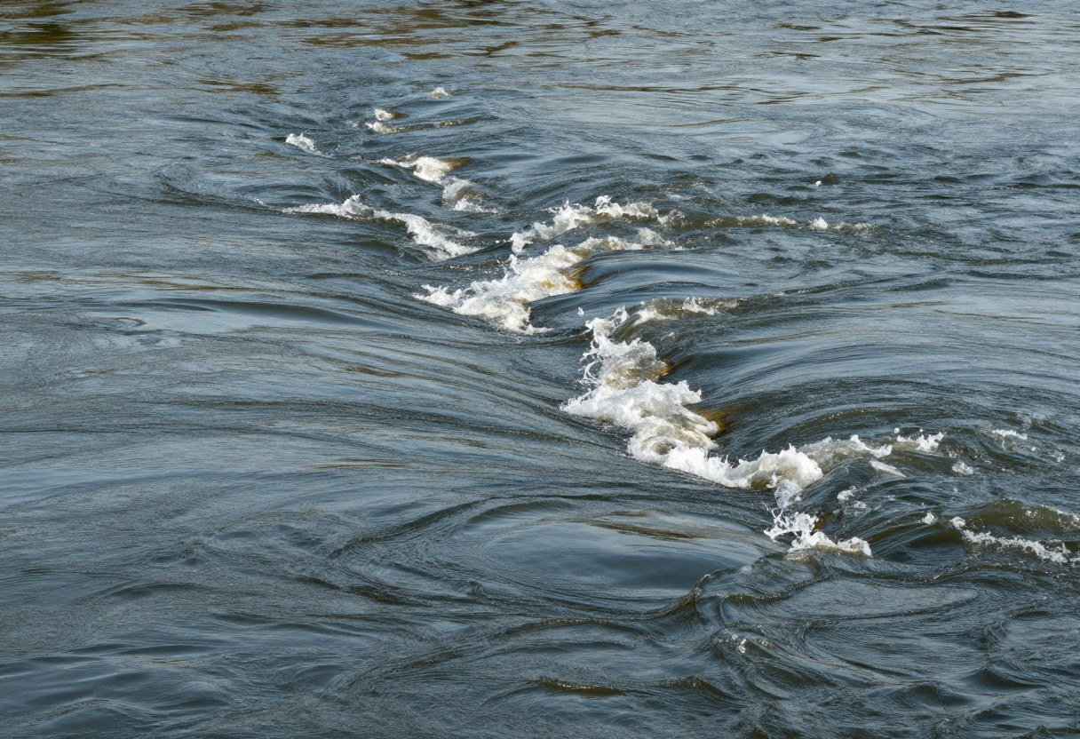 A river current seam visible on the water surface where fast and slow water meet