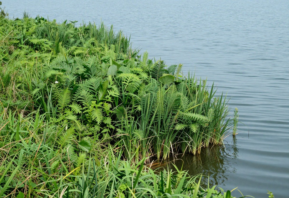 A weed bed edge where aquatic vegetation meets open water along a lake shoreline