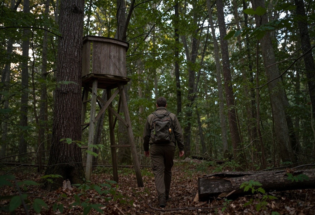 A hunter walking carefully and quietly through the woods toward a tree stand at dawn