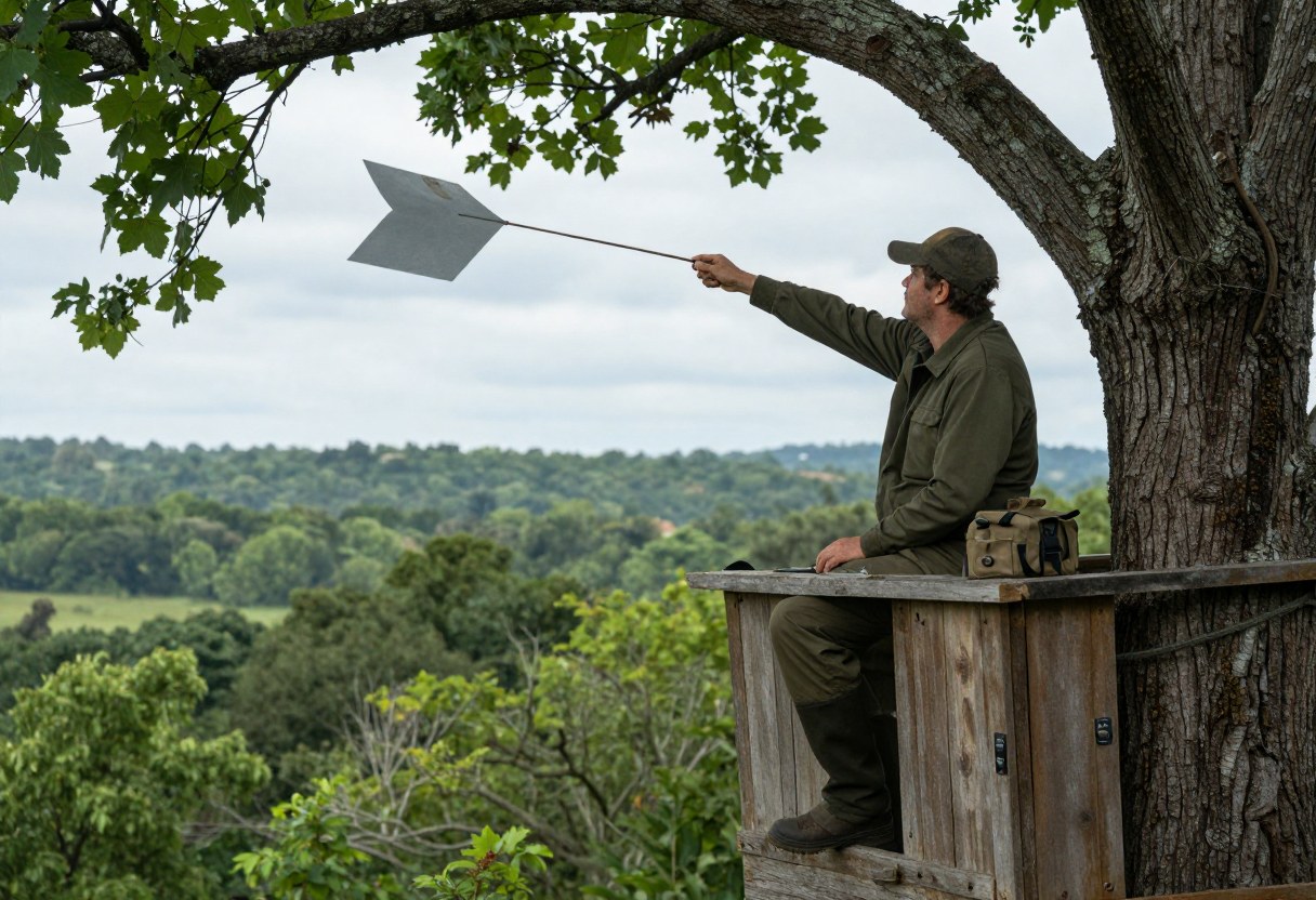 A hunter sitting in a tree stand checking wind direction, forest visible below