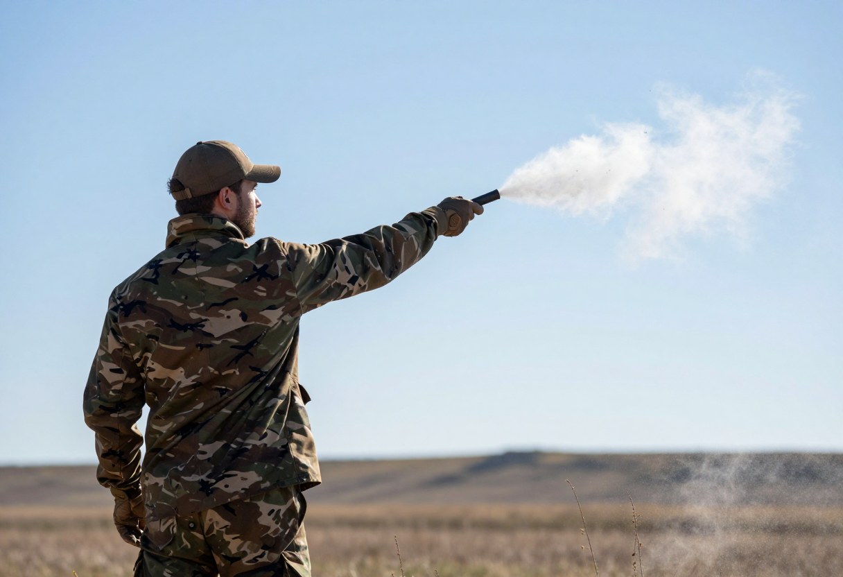 A hunter releasing wind checker powder into the air to see wind direction, outdoors in camouflage