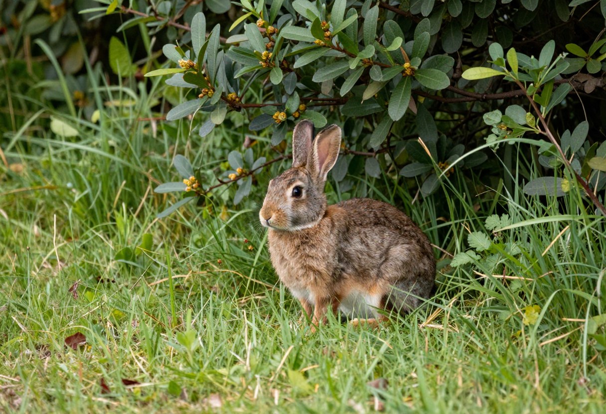 A cottontail rabbit sitting still at the edge of thick brush beside an overgrown field