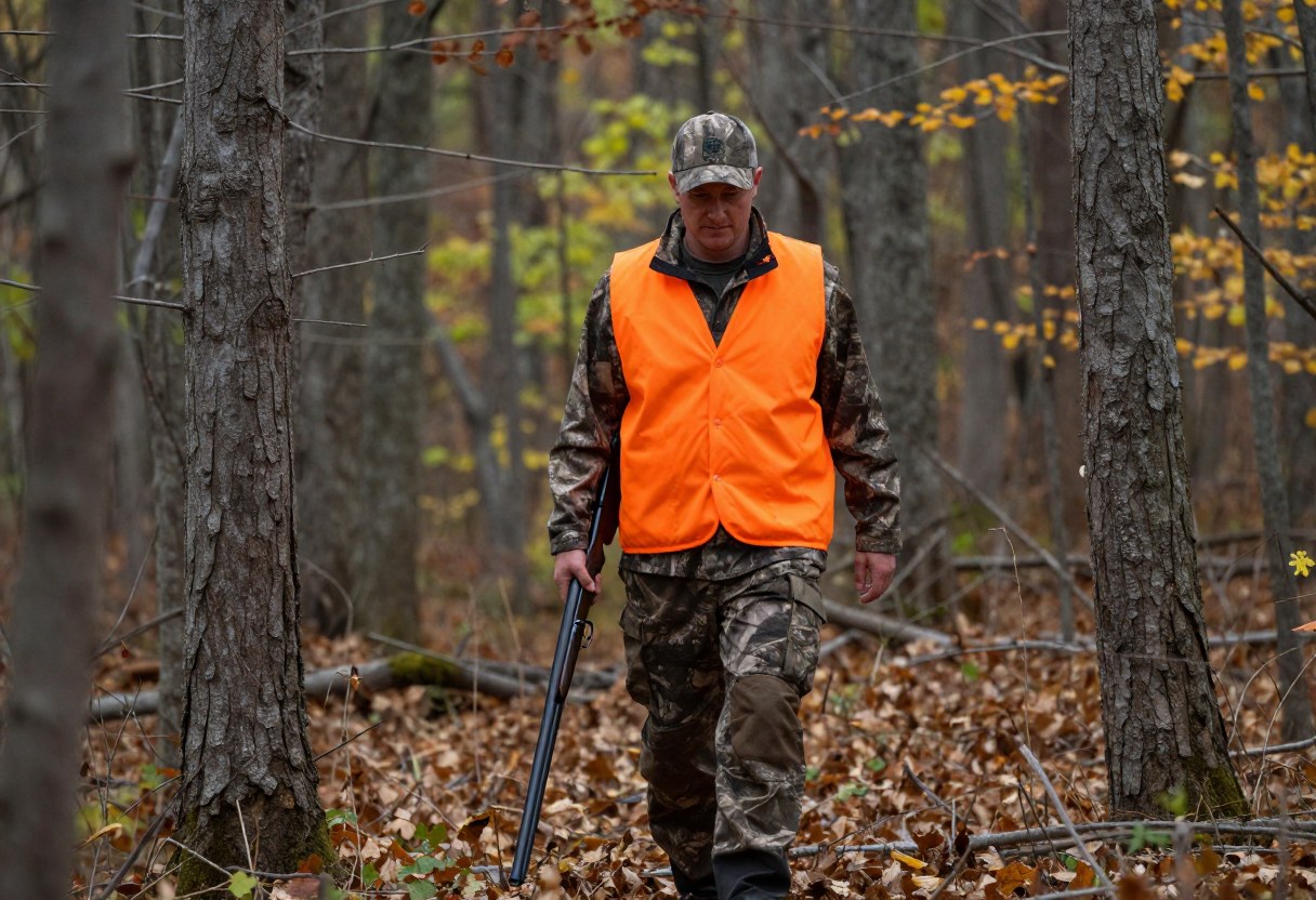 A hunter in camouflage and blaze orange quietly walking through a hardwood forest in autumn, carrying a shotgun