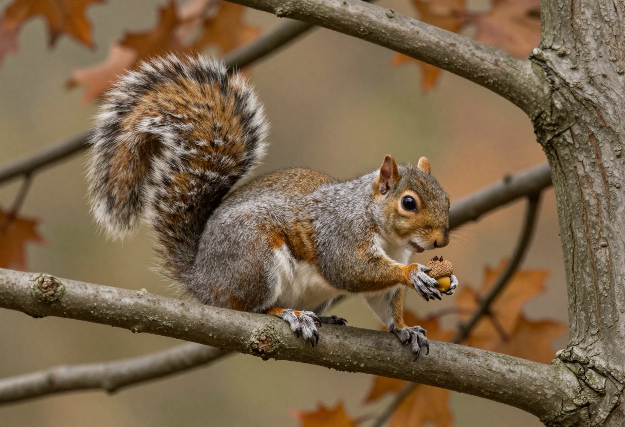 A gray squirrel perched on a branch of an oak tree in autumn, holding an acorn