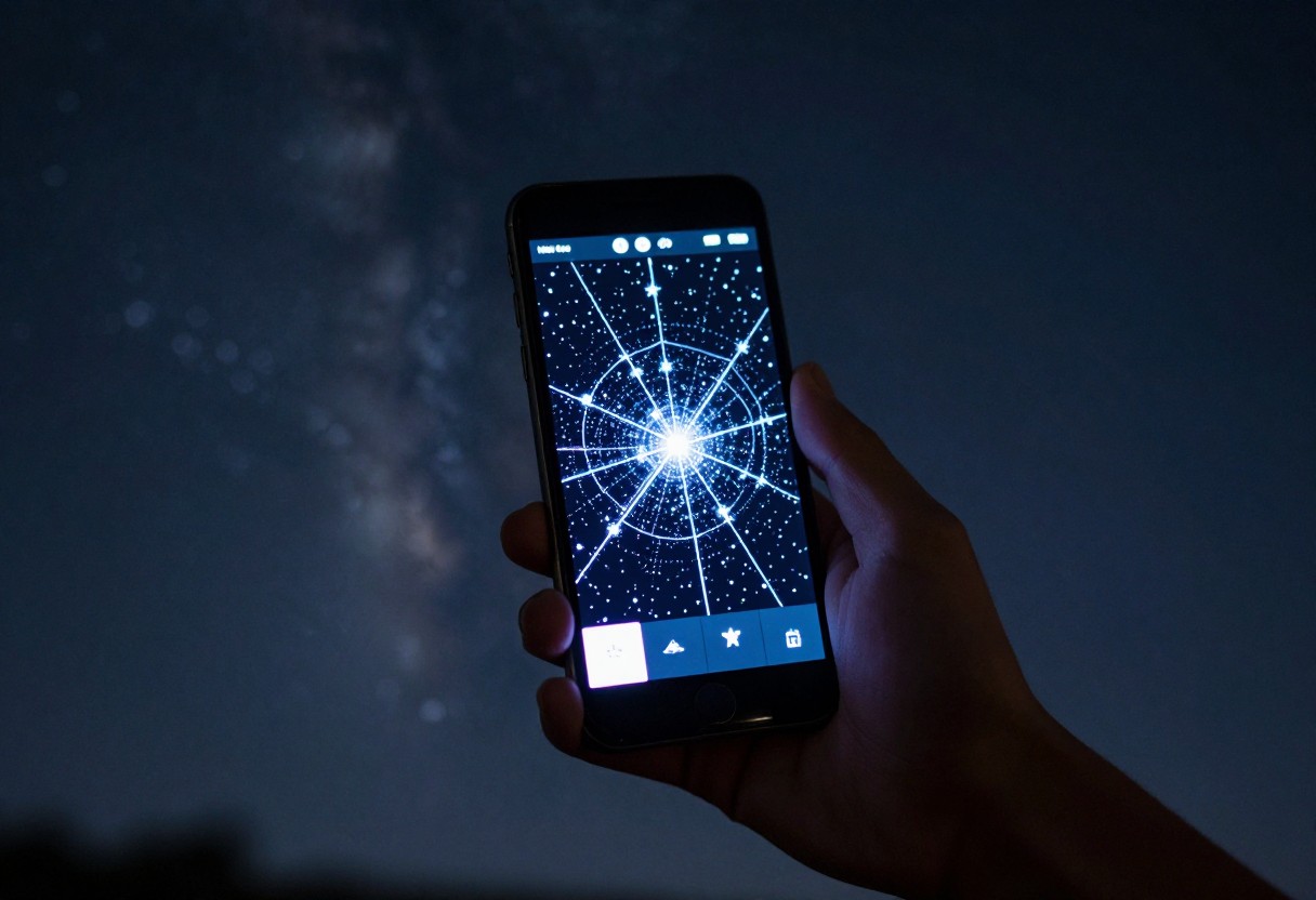 A hand holding a smartphone displaying a glowing star map application, held up against a real starry night sky