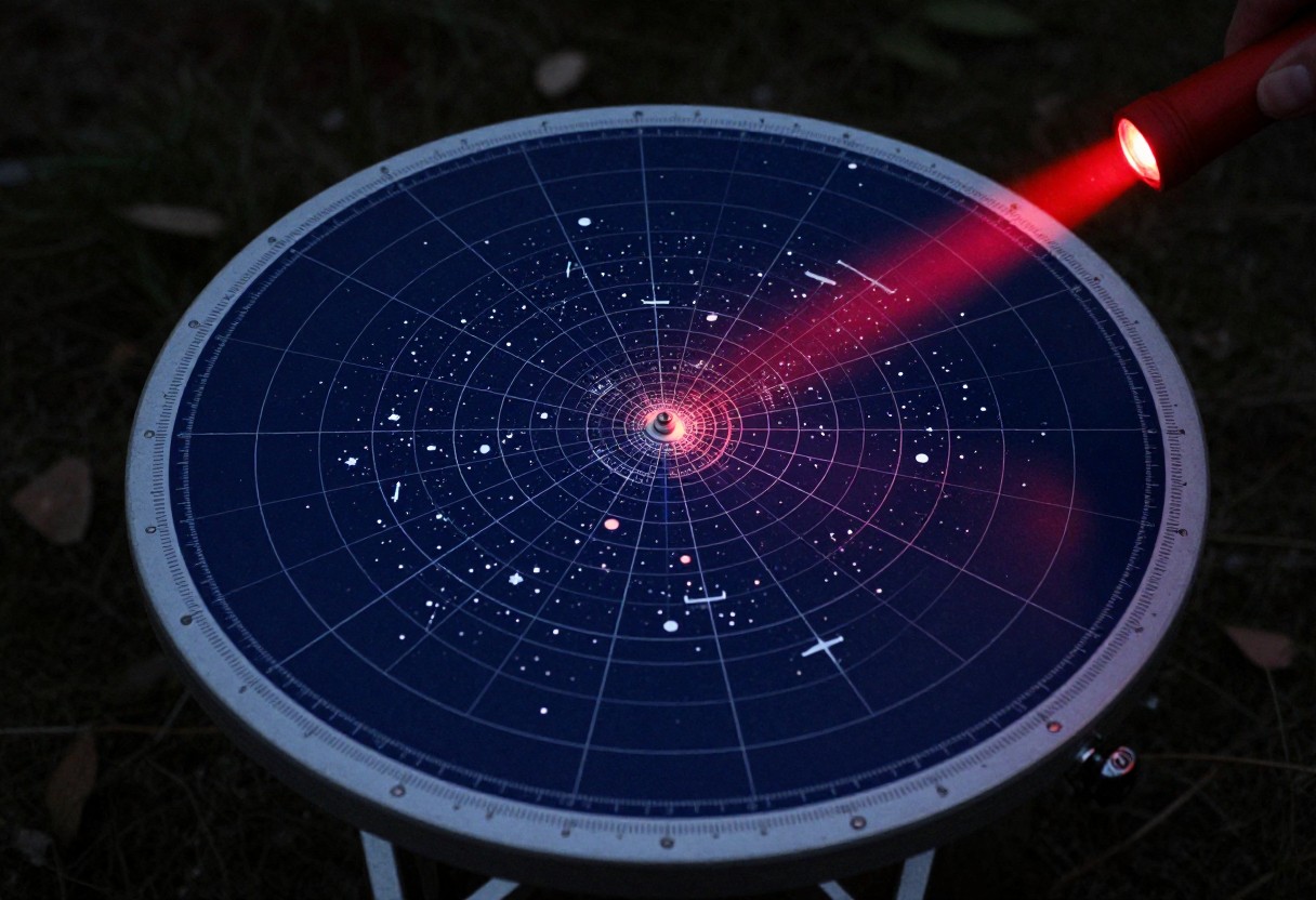 A circular planisphere star chart illuminated by a dim red flashlight outdoors at night