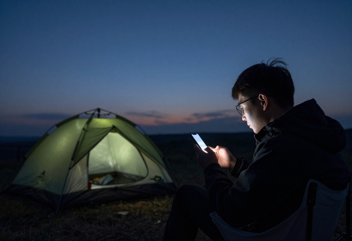 A person sitting at a dark campsite checking a smartphone at dusk, tent visible nearby, first stars appearing in the sky