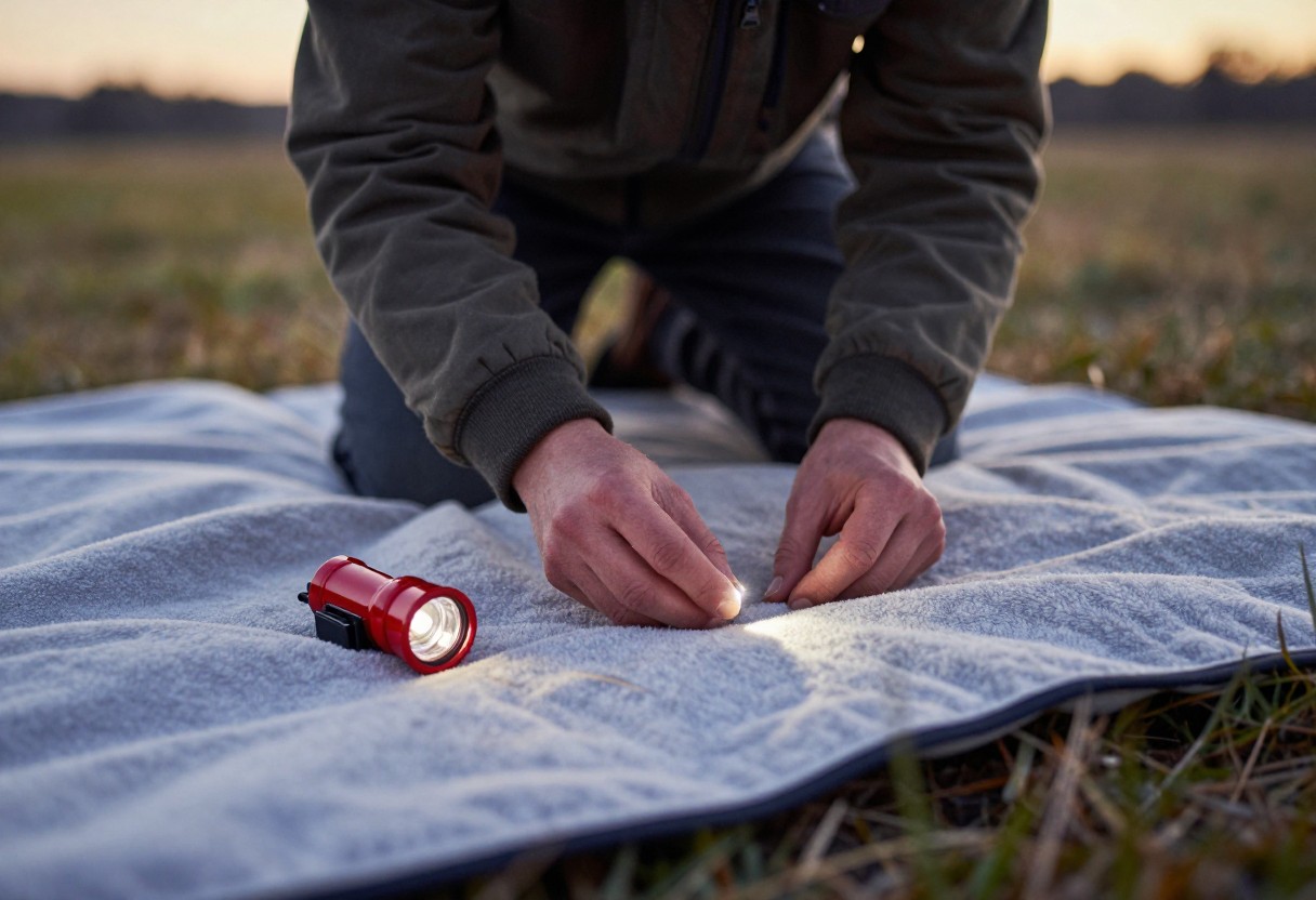 A person setting up a simple stargazing session outdoors at dusk, wearing warm layered clothing with a red flashlight nearby