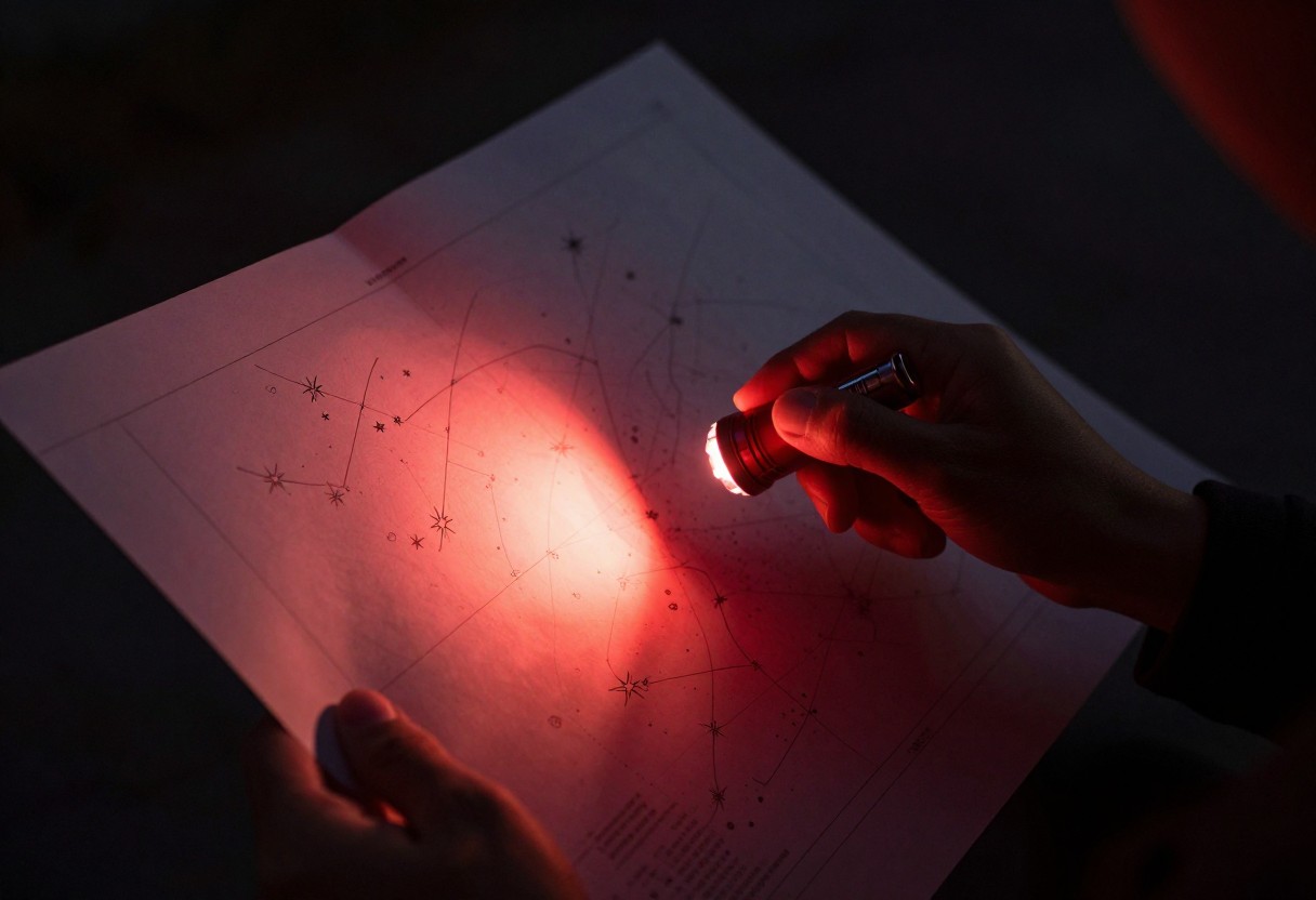 A person's hands holding a red flashlight to read a star chart in the dark