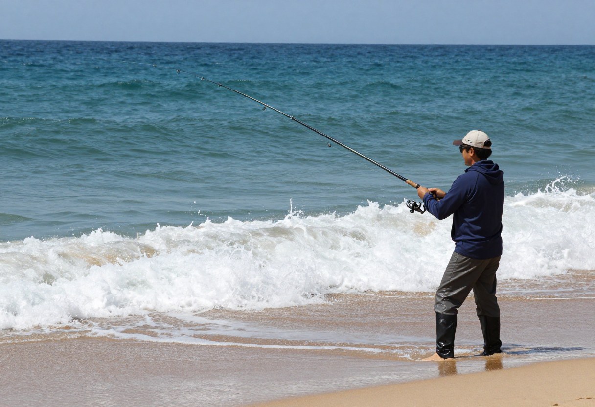 An angler casting a long surf fishing rod into ocean waves from a sandy beach