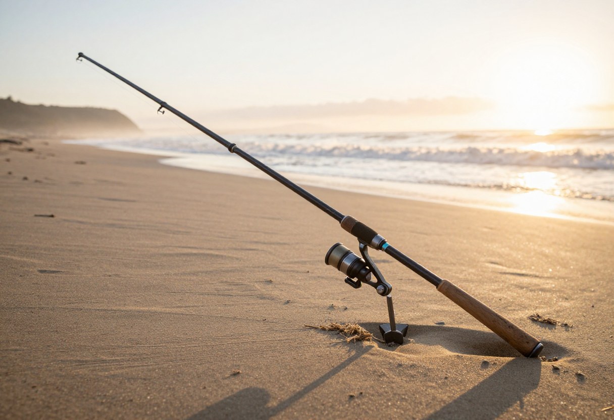 A surf fishing rod resting in a sand spike rod holder on the beach at sunrise