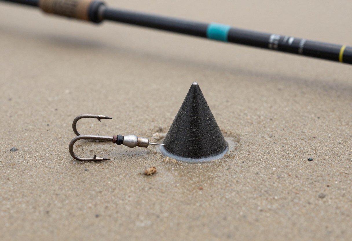 Close-up of a surf fishing rig with a pyramid sinker and hooks laid on wet sand