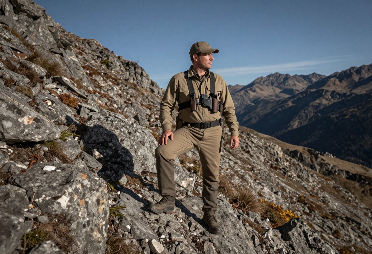 A hunter wearing a chest holster with a pistol, standing on a rocky mountain ridge in rugged backcountry terrain
