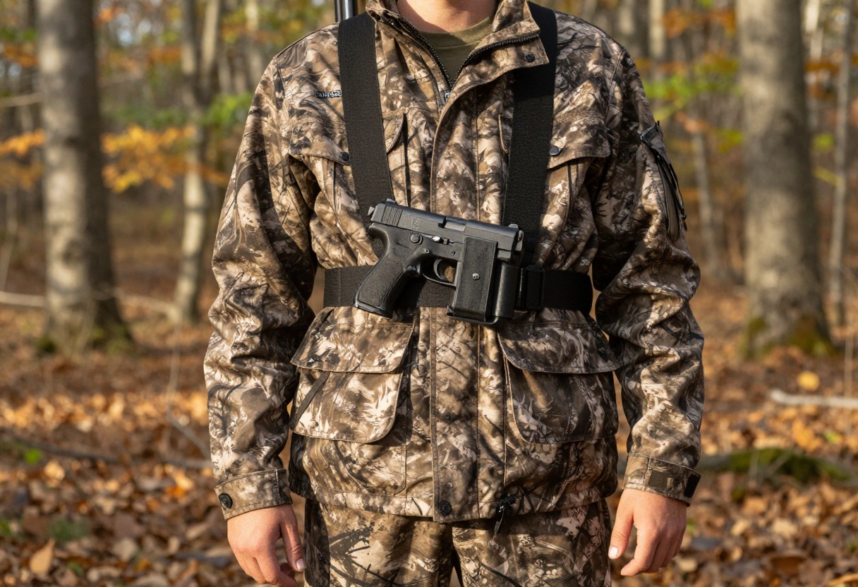 A hunter wearing a chest holster with a semi-automatic pistol, rifle slung across the back, standing in an autumn forest