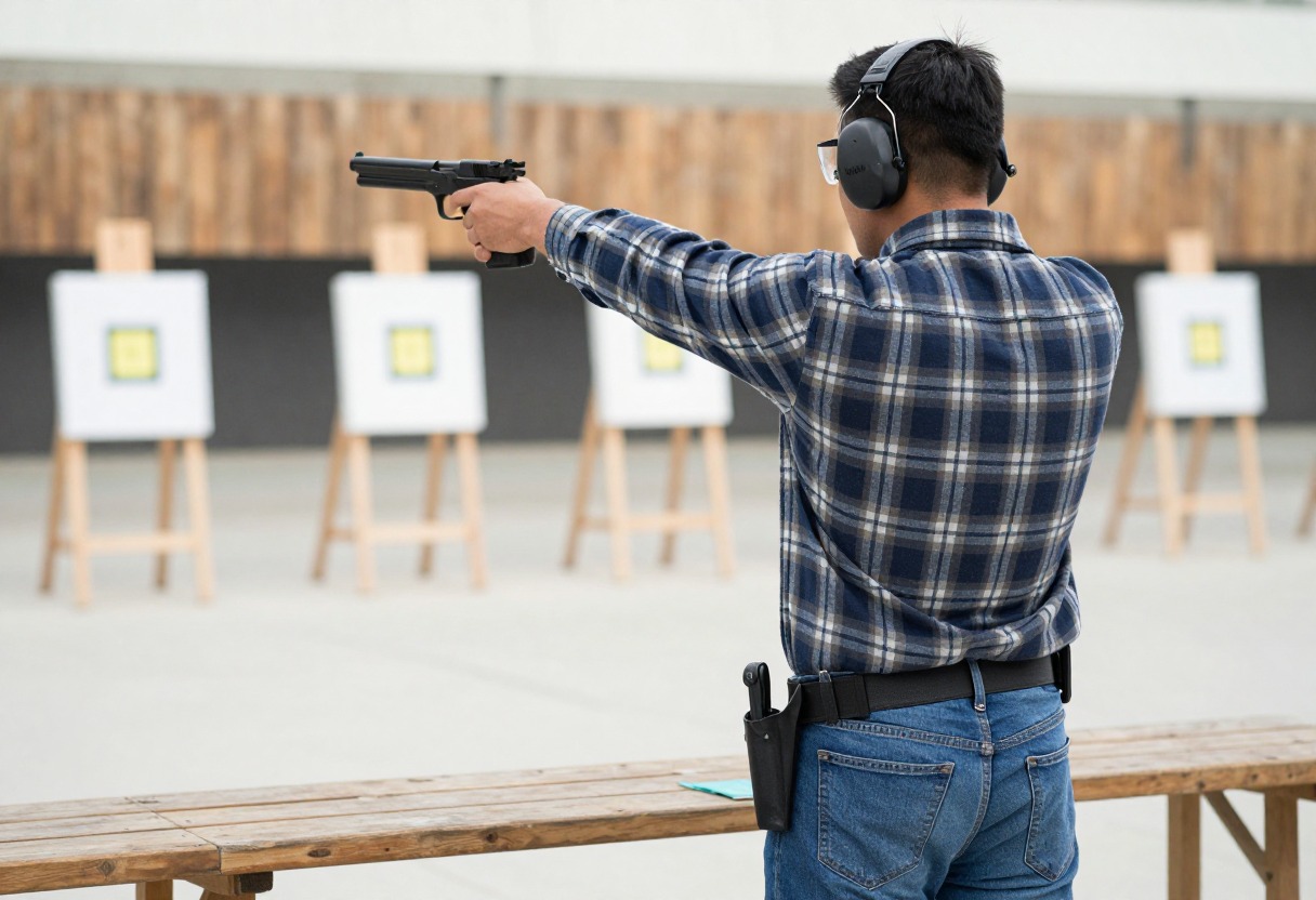 A person in ordinary civilian clothing practicing a pistol draw from a hip holster at an outdoor shooting range with paper targets