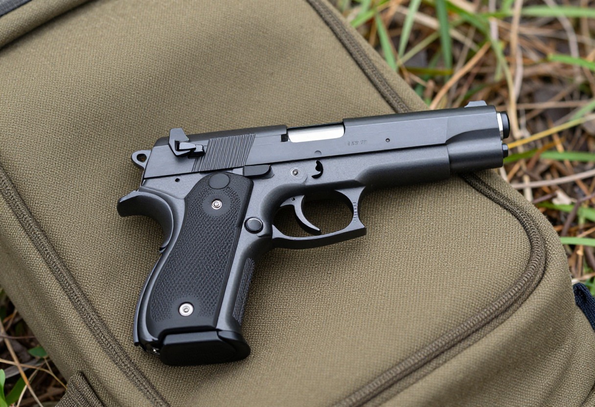 Close-up of a semi-automatic pistol resting on a canvas hunting pack