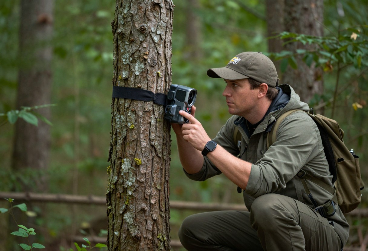 A person crouched and adjusting a trail camera strapped to a tree at chest height