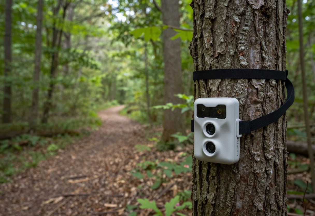 A trail camera strapped to a tree trunk in the woods, aimed down a game trail
