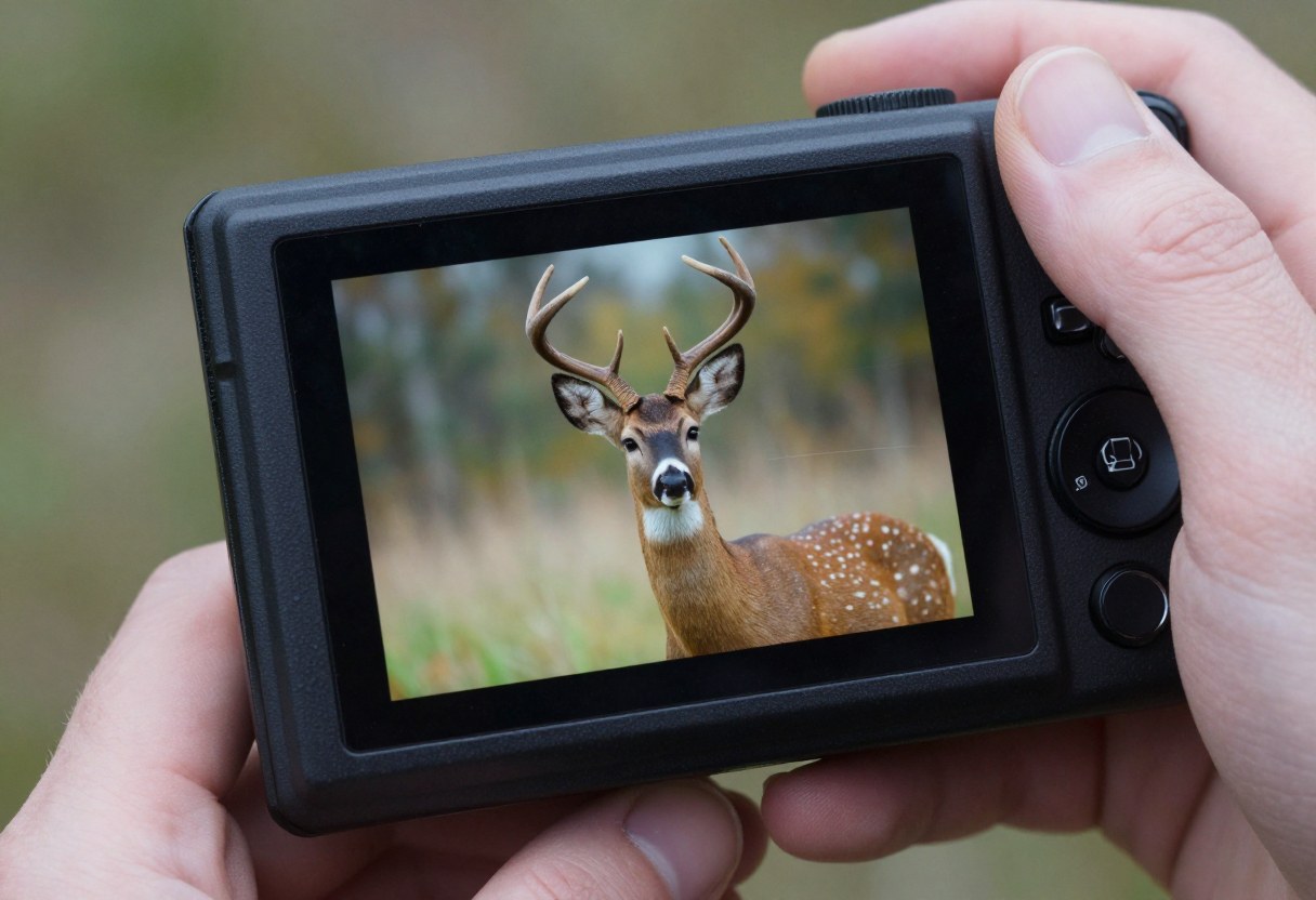 Close-up of a trail camera's small screen displaying a captured deer photo, held in hand